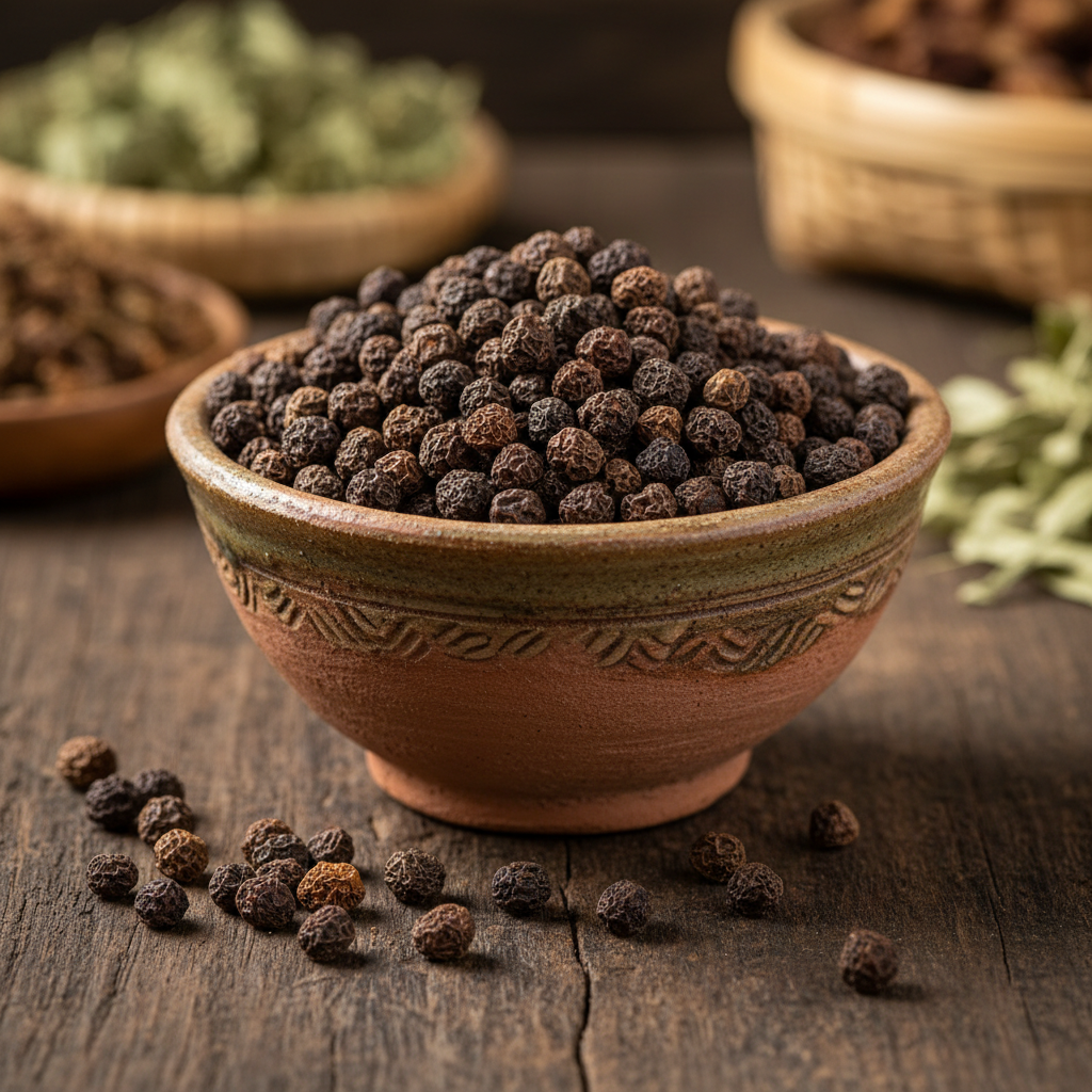 Uziza seeds in ceramic bowl on wooden surface