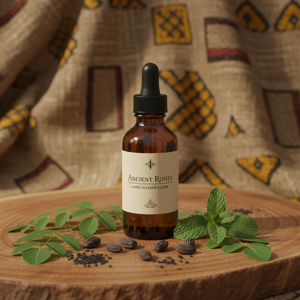 African herbal hair oil blend bottle surrounded by moringa, neem, chebe and black seeds
