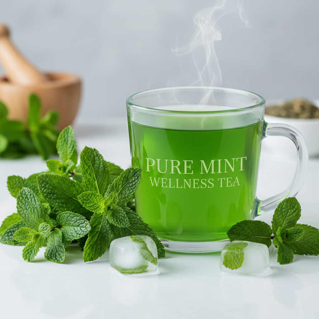 Fresh Mint Herbal Tea in a glass mug with fresh mint leaves