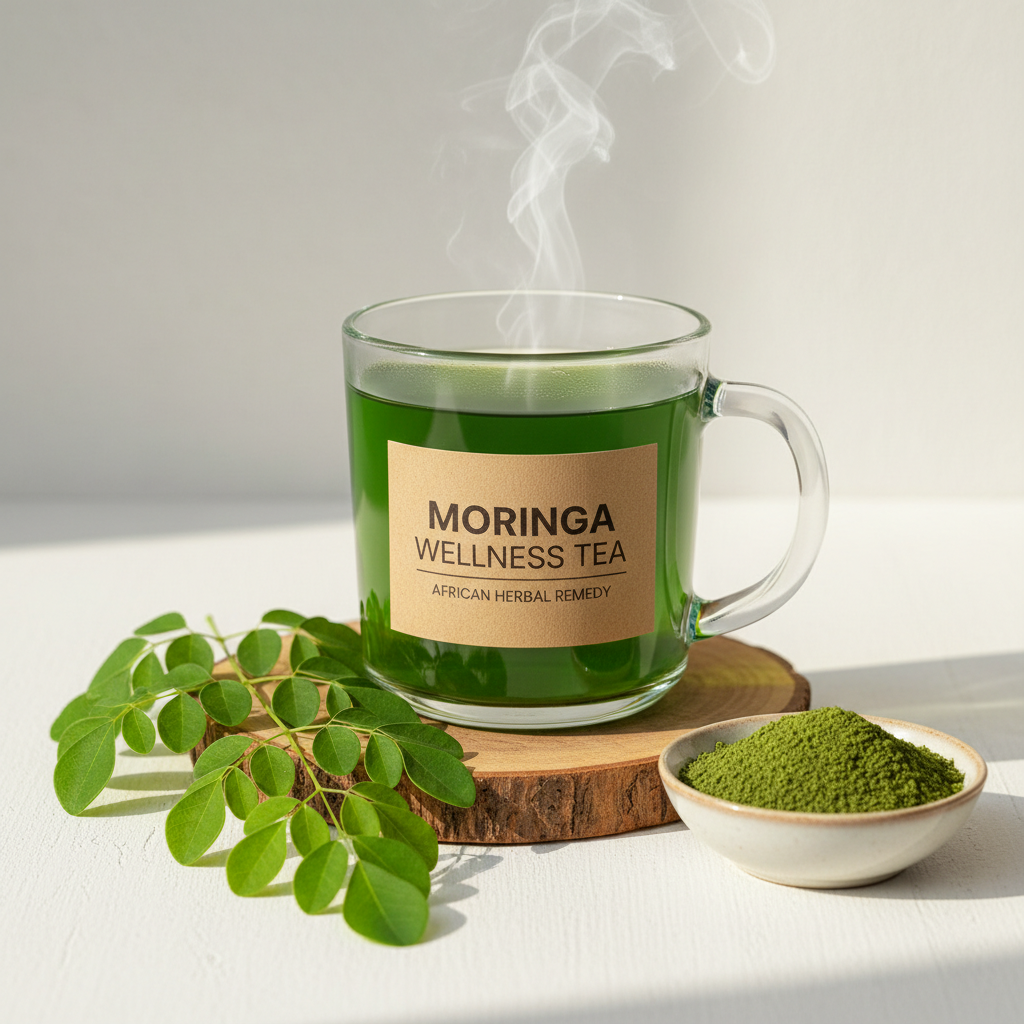 Organic Moringa Leaf Tea in a glass mug with fresh and dried moringa leaves