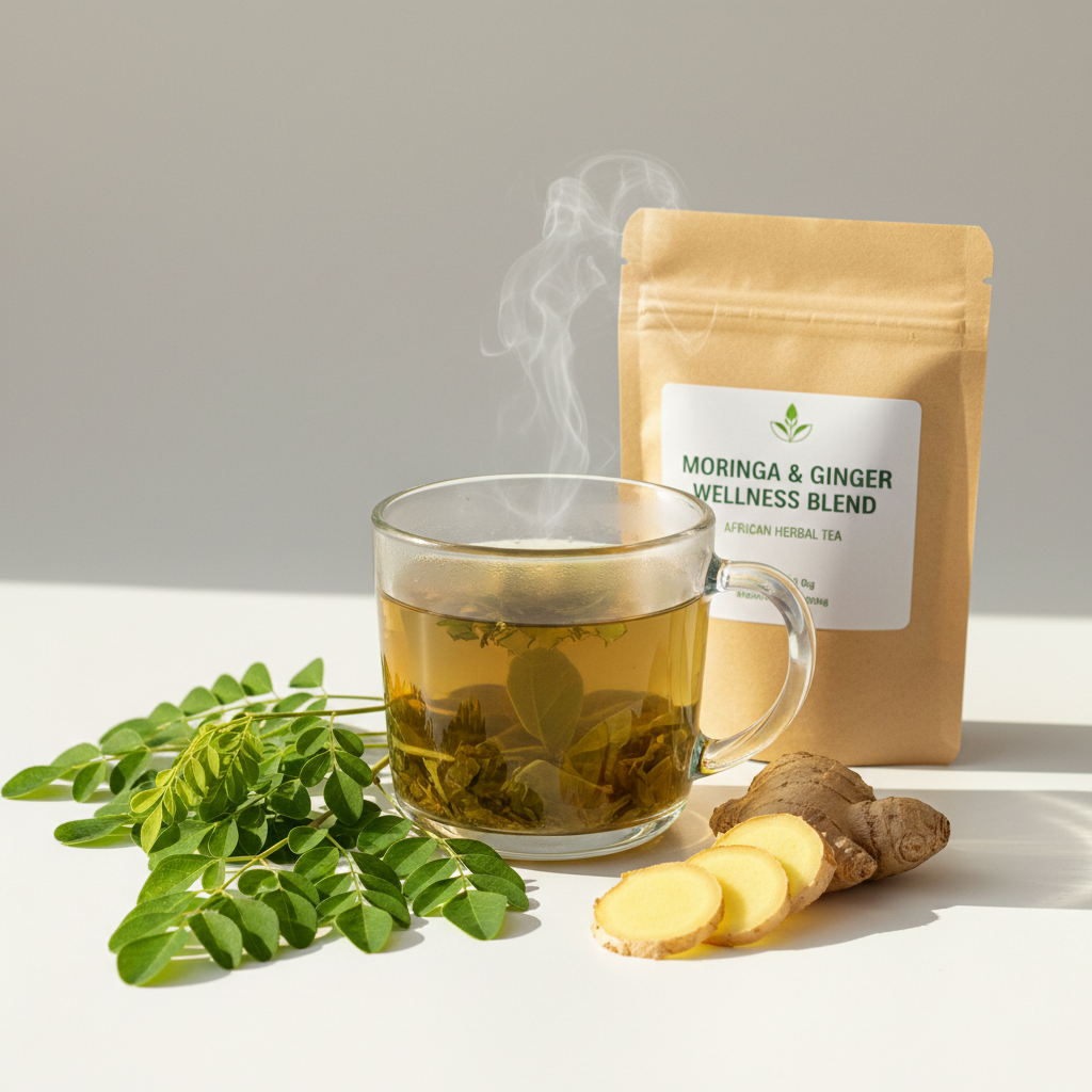 Moringa and Ginger Herbal Blend Tea in a glass mug with moringa leaves and ginger root