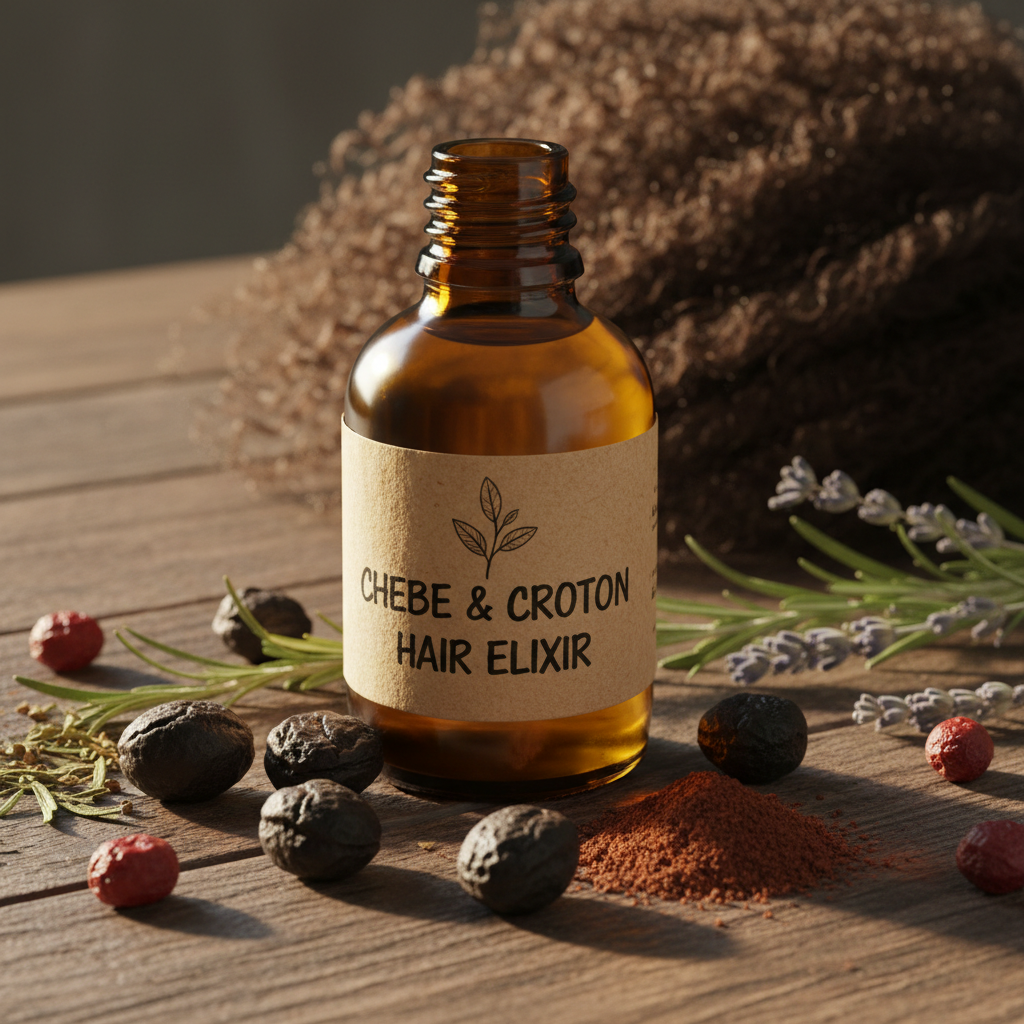 Chebe infused oil in amber glass bottle with croton seeds