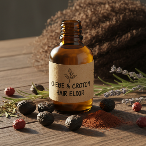 Chebe infused oil in amber glass bottle with croton seeds