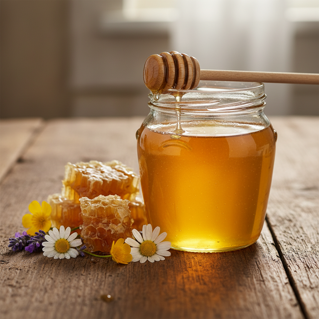 Raw African honey in glass jar with honeycomb and wooden dipper
