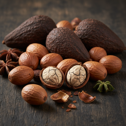 Calabash nutmeg seeds and pods on wooden surface