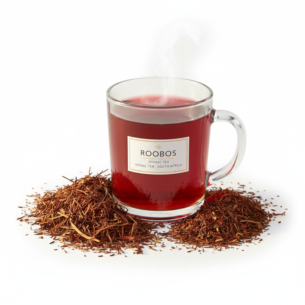 Organic Rooibos Tea in a glass mug with rich red color and dried rooibos leaves