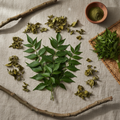 Dried neem leaves on natural linen surface