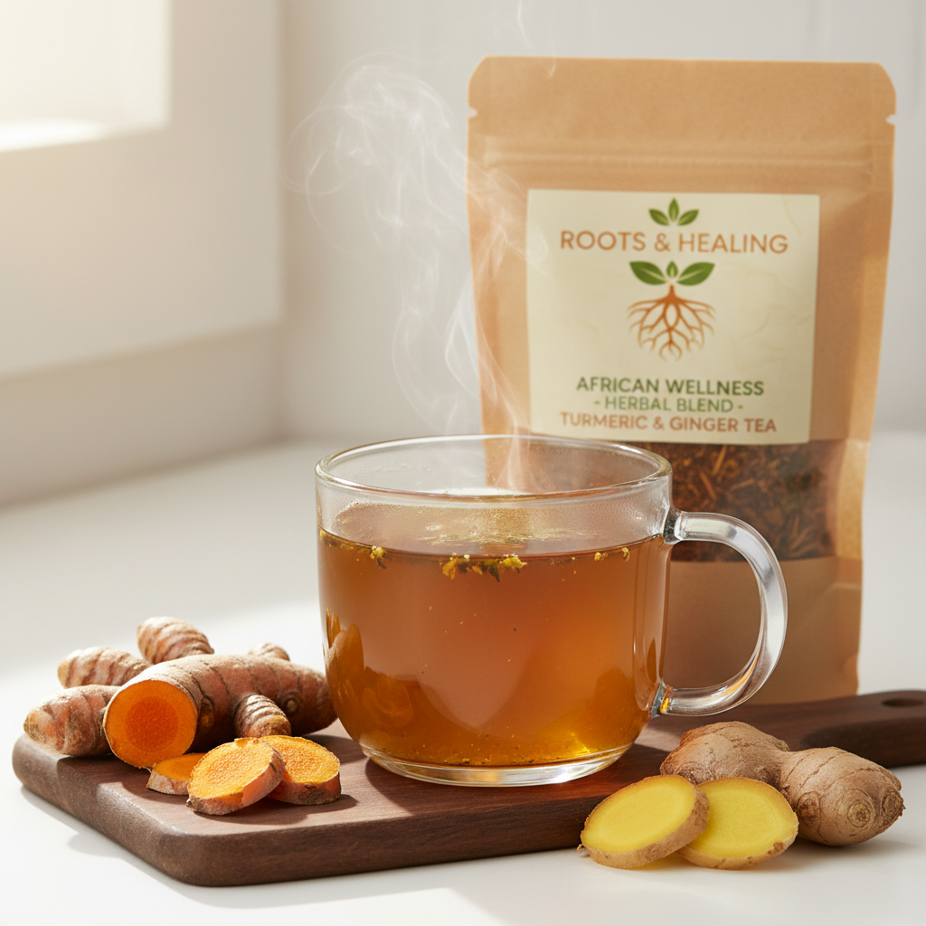 Golden Turmeric and Ginger Herbal Blend Tea in a glass mug with turmeric root and ginger root