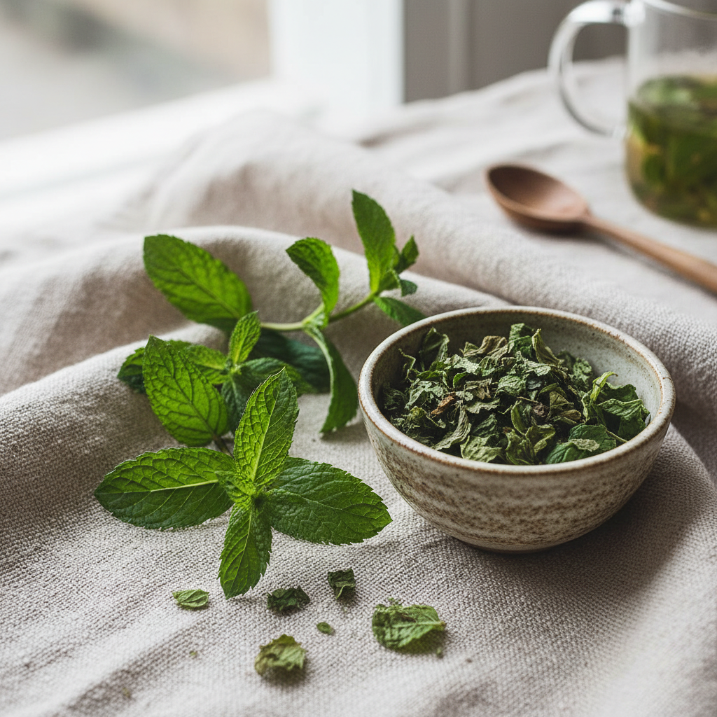 Dried peppermint leaves in ceramic bowl with fresh peppermint sprigs