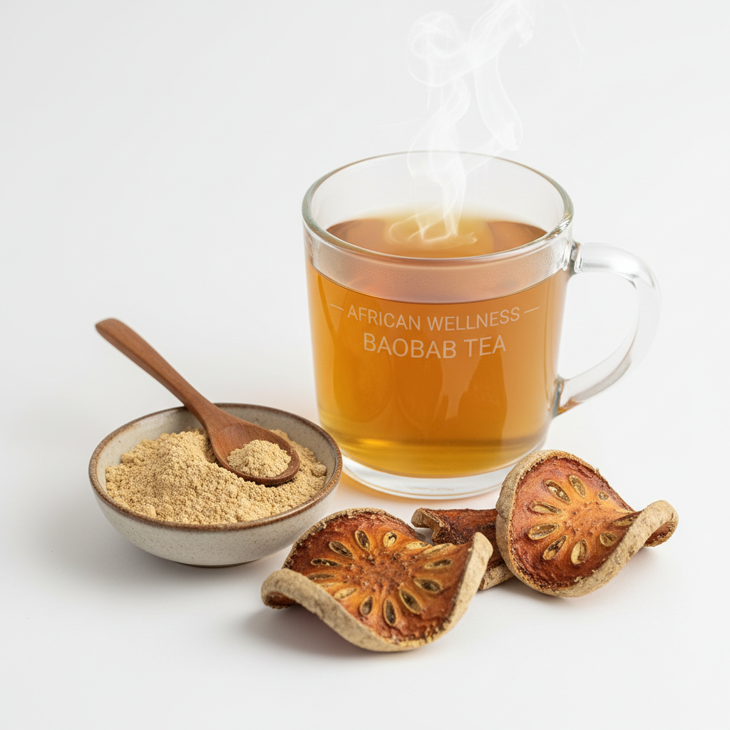 Organic Baobab Tea in a glass mug with dried baobab fruit and powder
