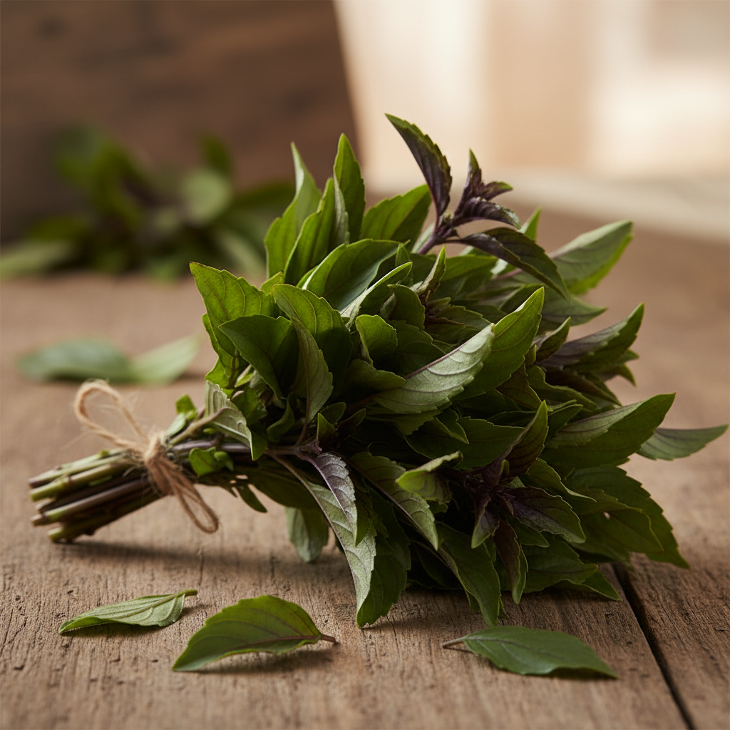 Fresh African scent leaf Olida on wooden surface