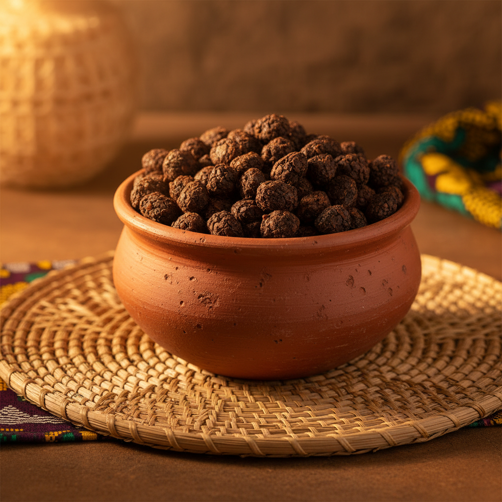 Nigerian iru locust beans in a traditional clay pot