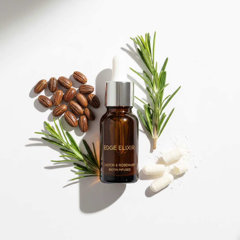 Edge Care Oil in dark glass bottle with brush applicator and natural ingredients