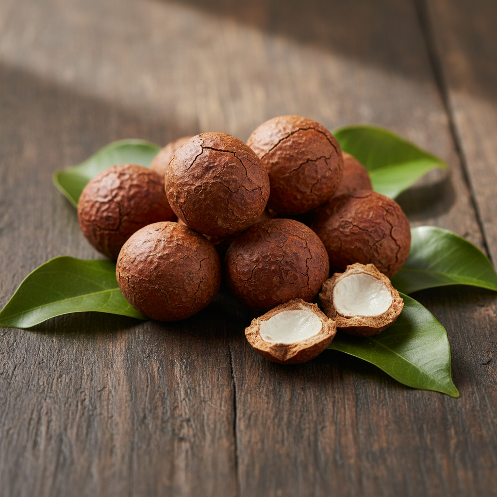 Bitter kola nuts on wooden surface with green leaves