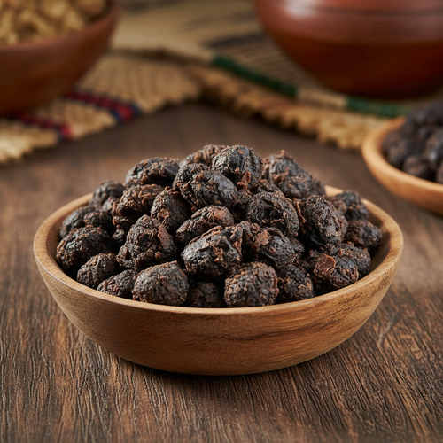 Dawadawa fermented locust beans in wooden bowl