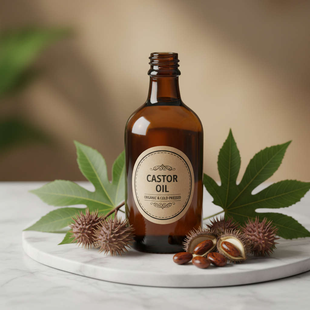 Pure castor oil in amber glass bottle with castor beans