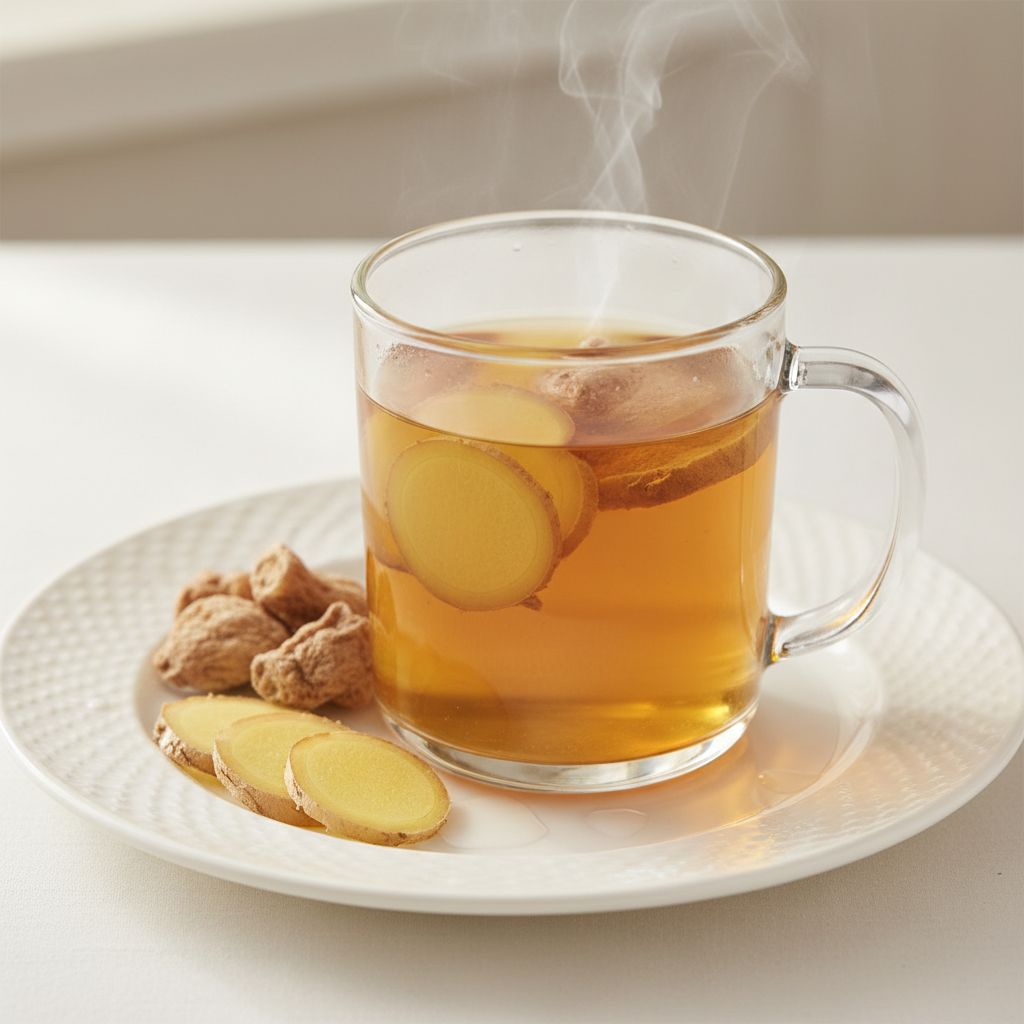 Dried Ginger Root Tea in a glass mug with fresh ginger root slices