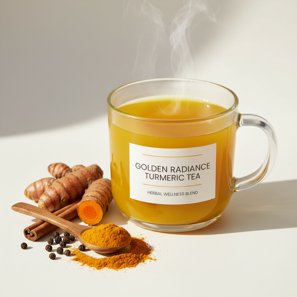 Golden Turmeric Tea in a glass mug with fresh turmeric root and powder