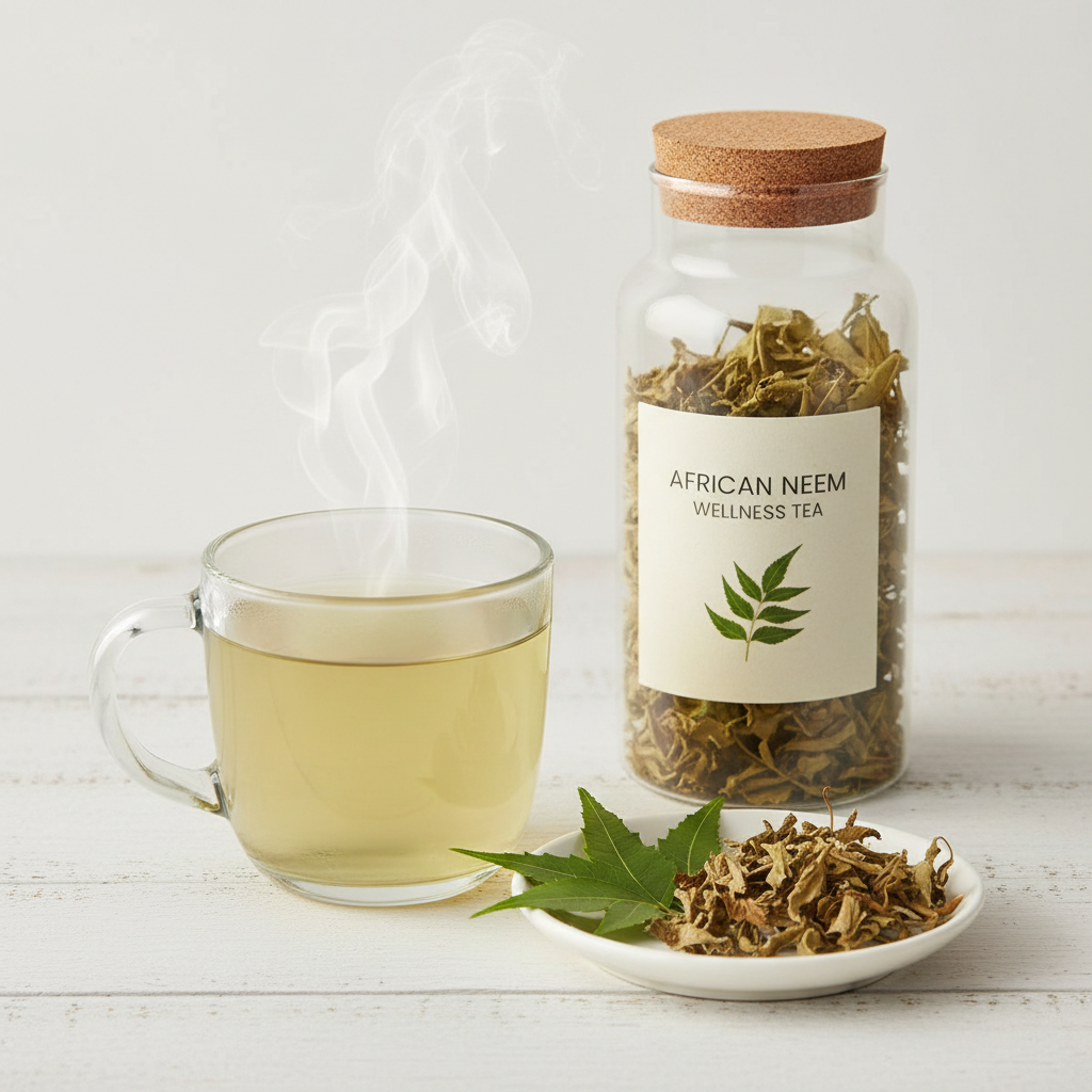 Dried Neem Leaf Tea in a glass mug with fresh and dried neem leaves