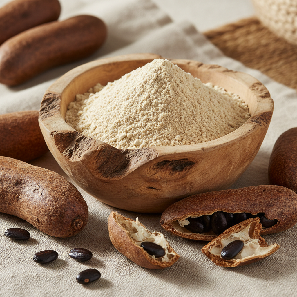 Organic Baobab Powder in wooden bowl with baobab fruit