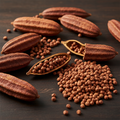 Alligator pepper pods and seeds on wooden surface