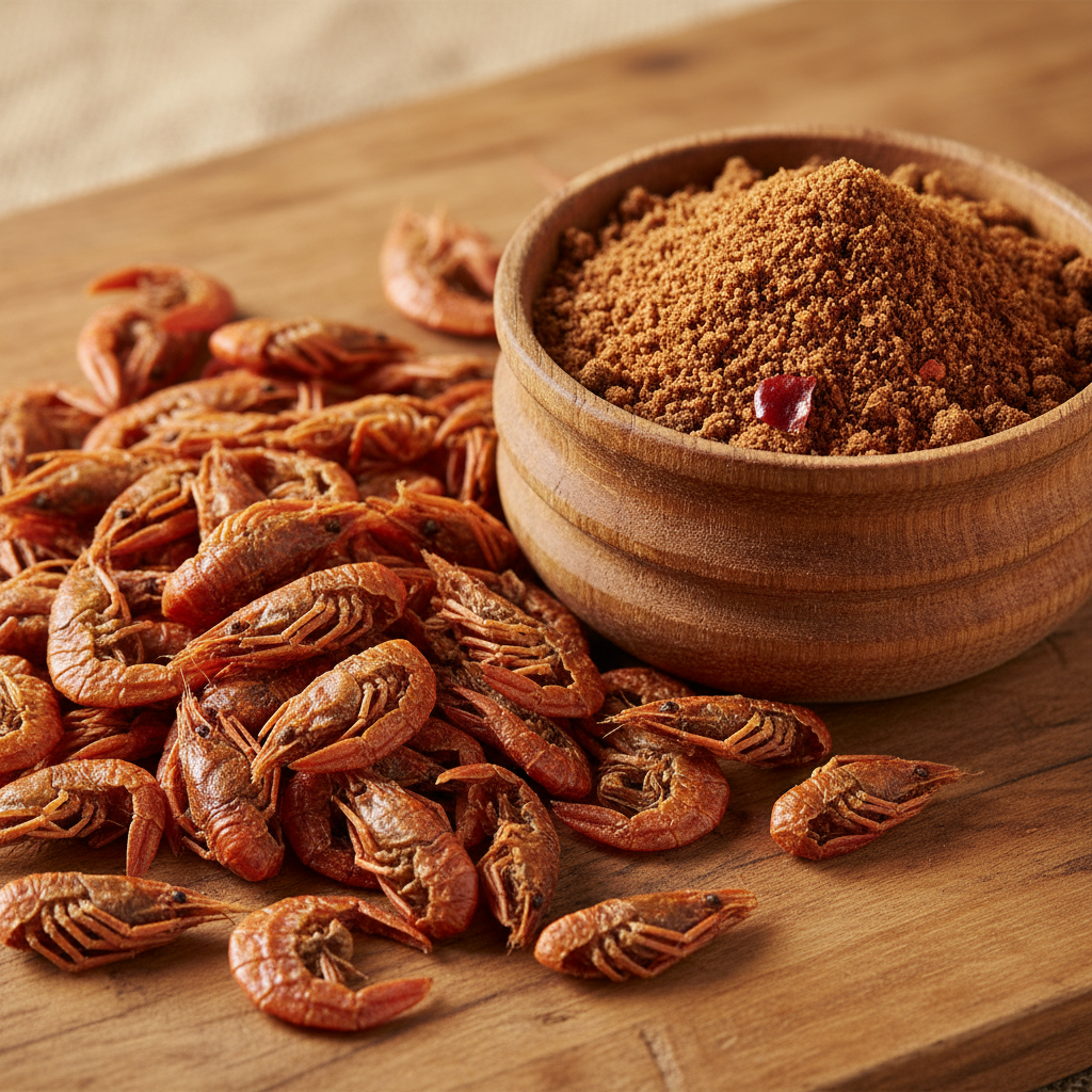 Dried ground crayfish in wooden bowl with whole dried crayfish