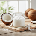 Virgin coconut oil in glass jar with fresh coconut halves