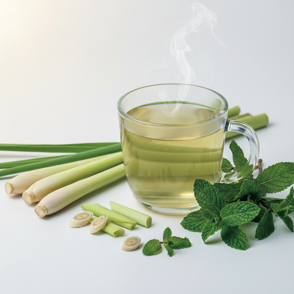 Lemongrass and Mint Herbal Blend Tea in a glass mug with fresh lemongrass stalks and mint leaves
