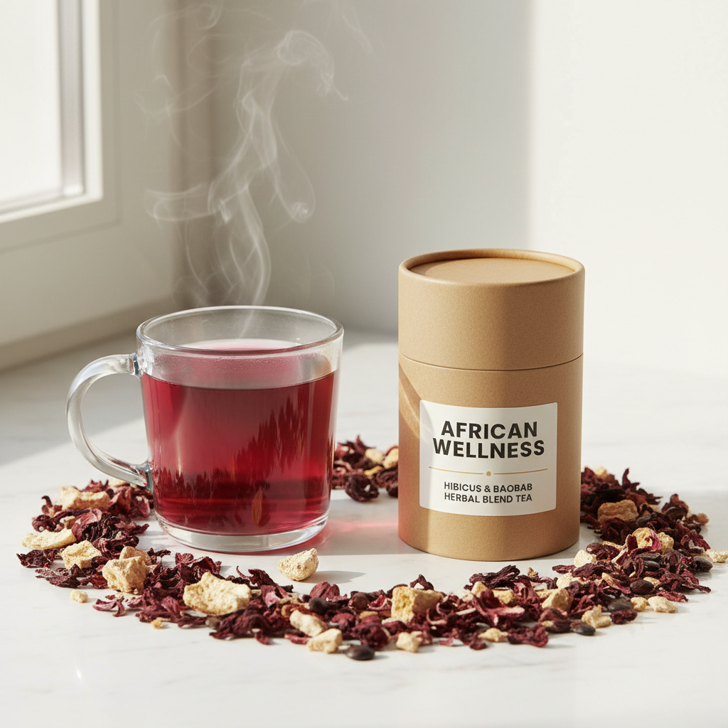 Hibiscus and Baobab Herbal Blend Tea in a glass mug with deep ruby color, dried hibiscus flowers and baobab pieces