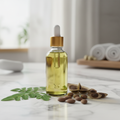 Pure moringa seed oil in amber glass bottle with moringa leaves and seeds