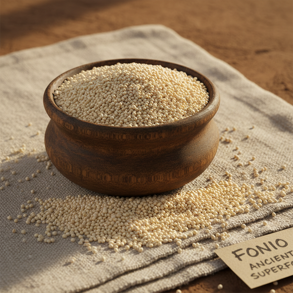 Organic fonio grain in wooden bowl on linen surface