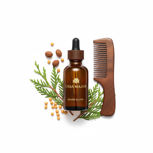 Beard Conditioning Oil in amber glass dropper bottle with wooden comb and natural ingredients