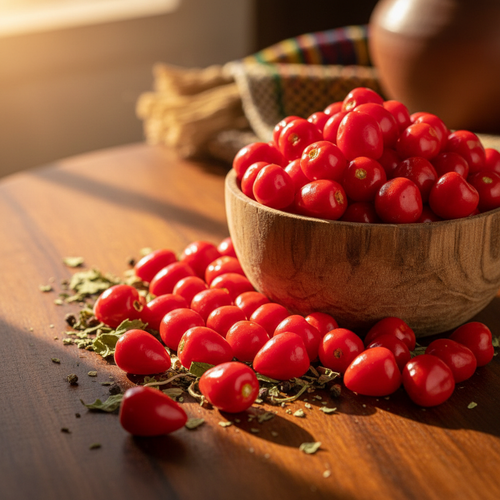 African bird's eye chili peppers in wooden bowl