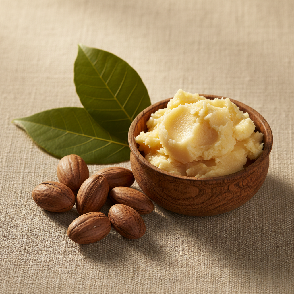Raw African Shea Butter in wooden bowl with shea nuts