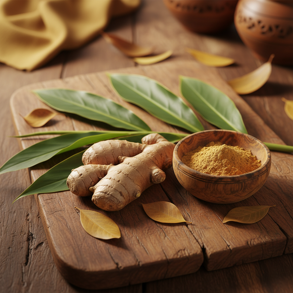 Organic ginger powder and fresh ginger root on wooden surface