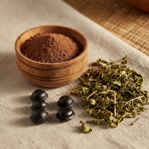 Chebe powder in wooden bowl with croton seeds and dried herbs