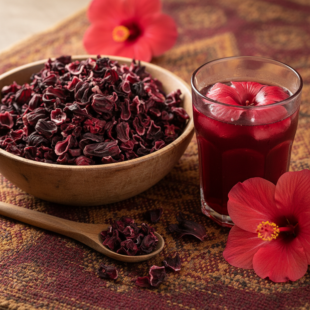 Dried hibiscus zobo flowers with a glass of red zobo drink