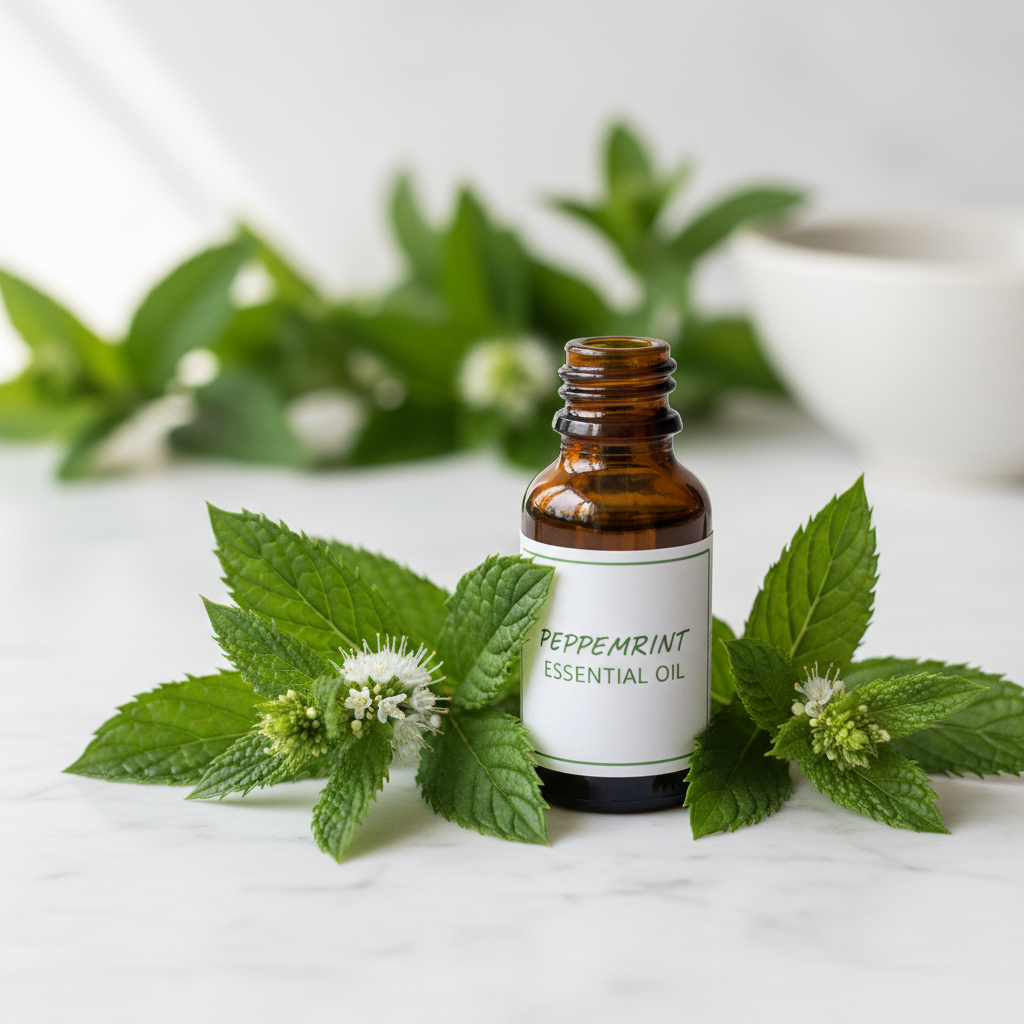Peppermint essential oil in dark glass bottle with fresh peppermint leaves
