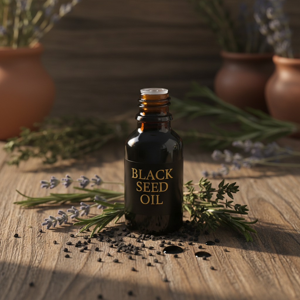 Pure black seed oil in dark glass bottle with nigella seeds