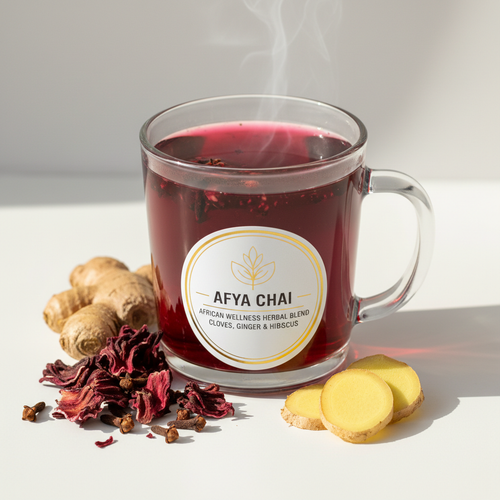 Cloves Ginger and Hibiscus Spiced Herbal Blend Tea in a glass mug with whole cloves, ginger root and hibiscus flowers