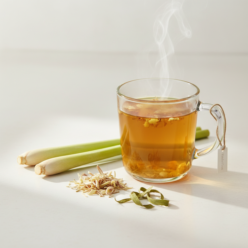 Dried Lemongrass Tea in a glass mug with fresh lemongrass stalks
