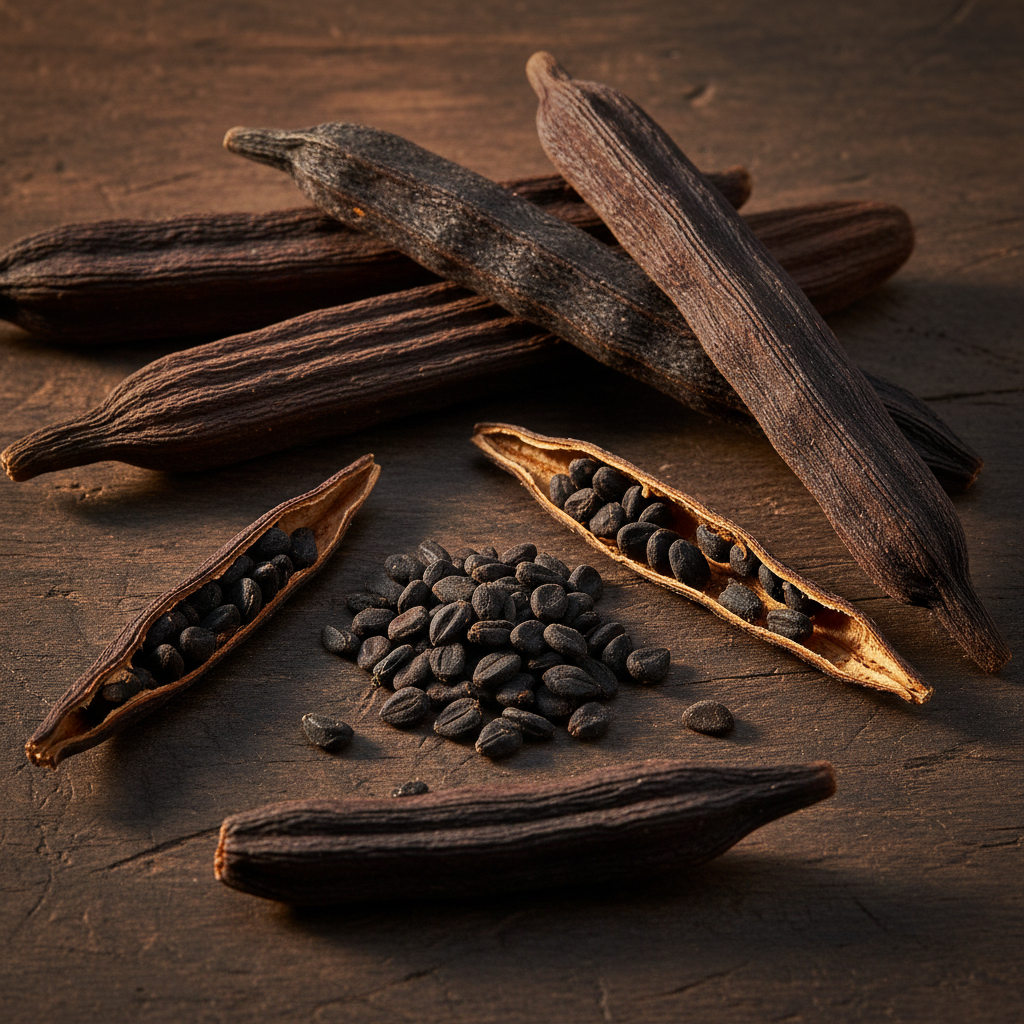 Grains of Selim Uda dried pods and seeds on wooden surface